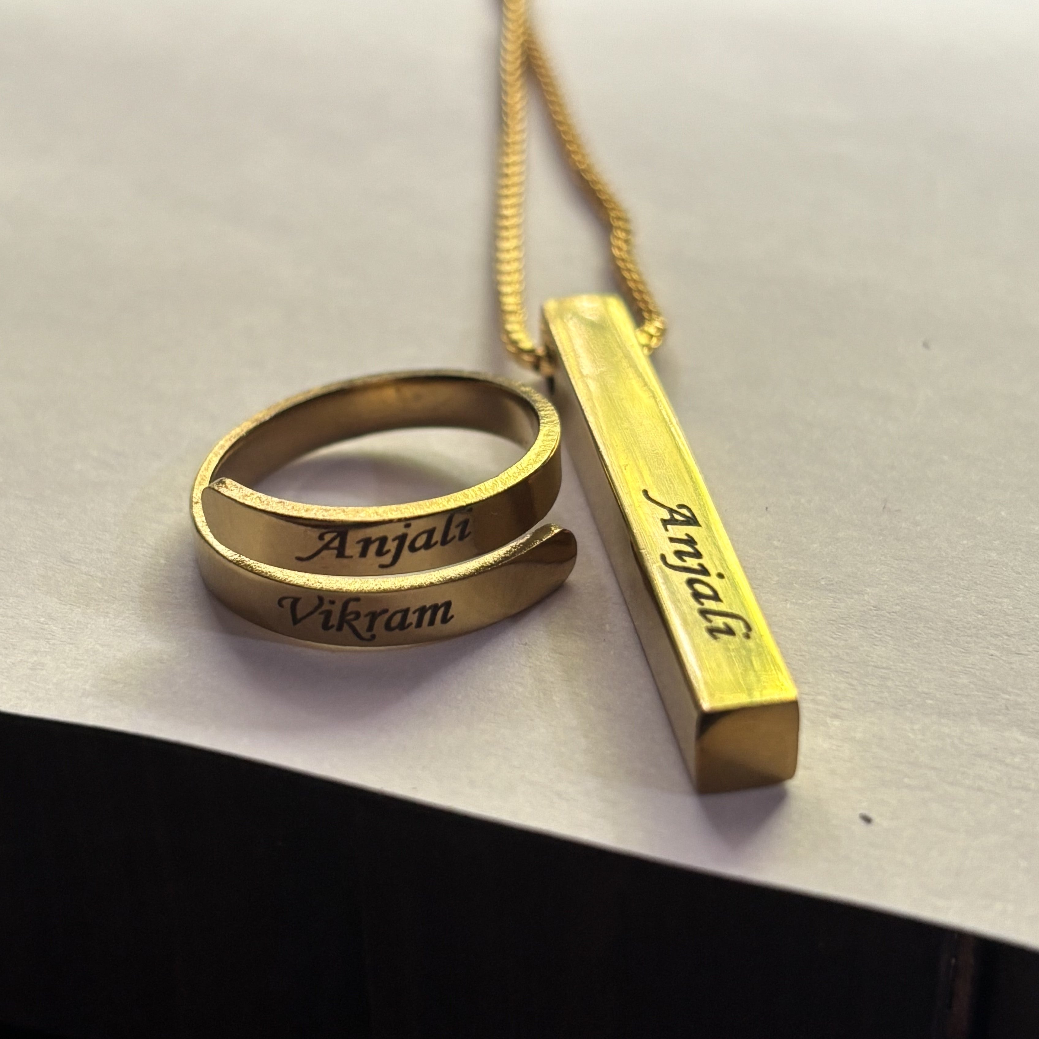 Engraved Ring & Bar Necklace Combo