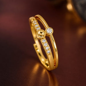 Twin Orbit Ring - double band gold ring with bead and solitaire