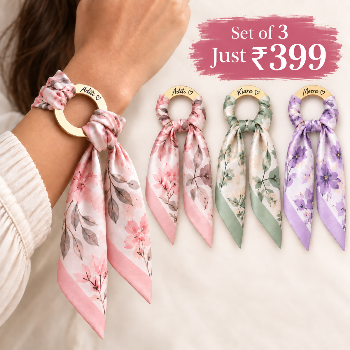 Set of 3 Pcs Personalized Silk Scarf Bracelet with Name – 4-in-1 Accessory for Women | Hair Scarf, Neck Scarf & Bag Charm