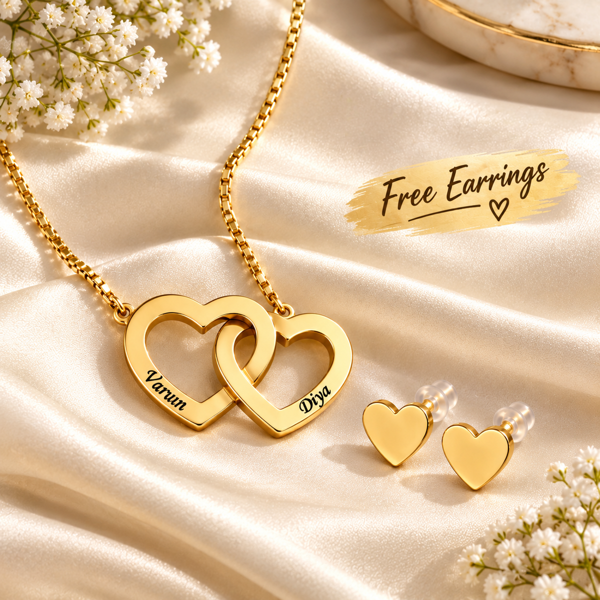 Interlock Heart Name Necklace with Free Stud Earrings