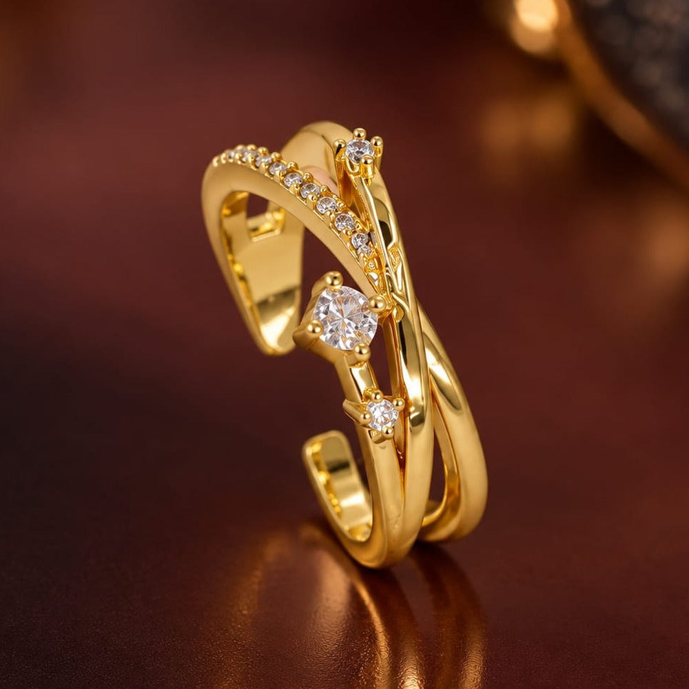 Vine Crossover Ring - gold crossover ring with stones