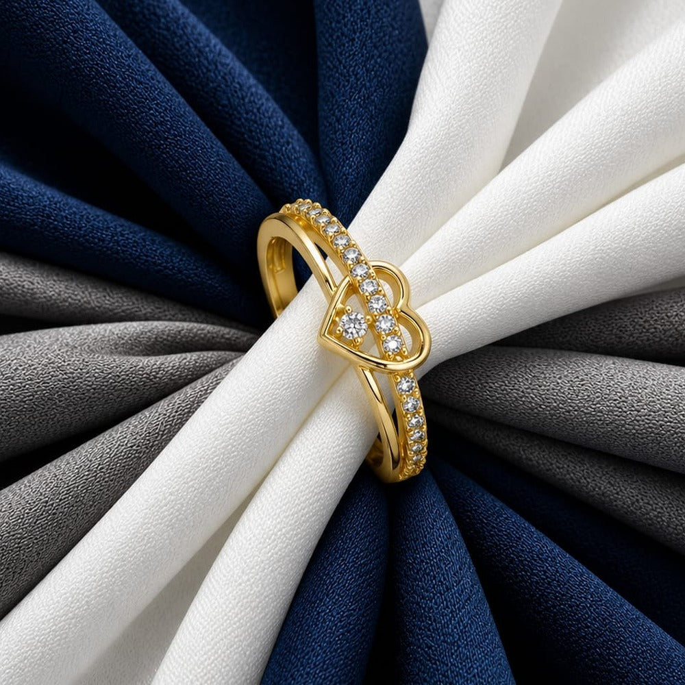 Open Heart Ring - gold heart outline ring with solitaire