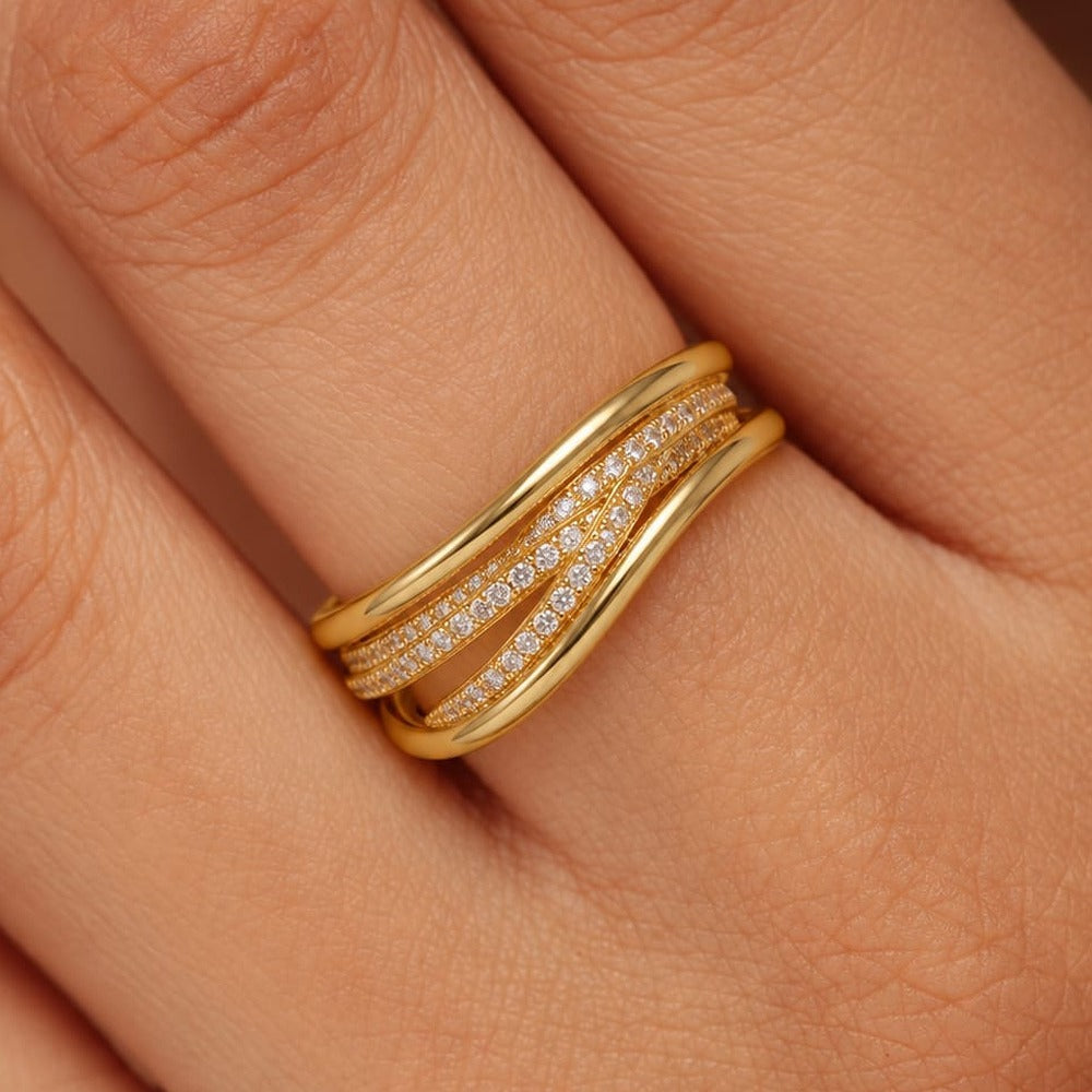 River Flow Ring - layered wavy gold bands with stones
