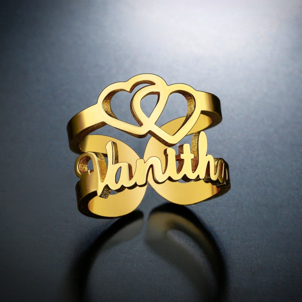 Customize Double Heart Name Ring