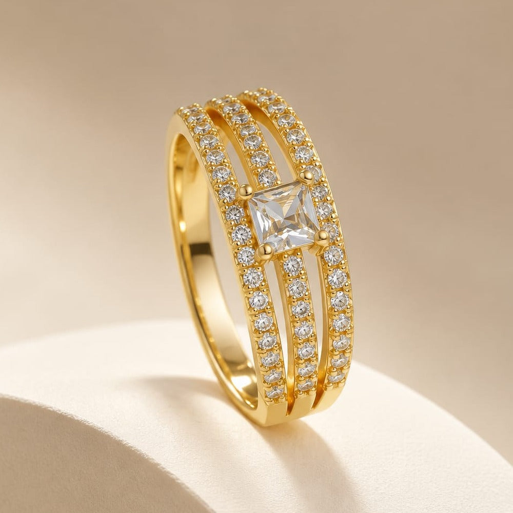 Princess Cut Ring - princess cut solitaire on three stone bands