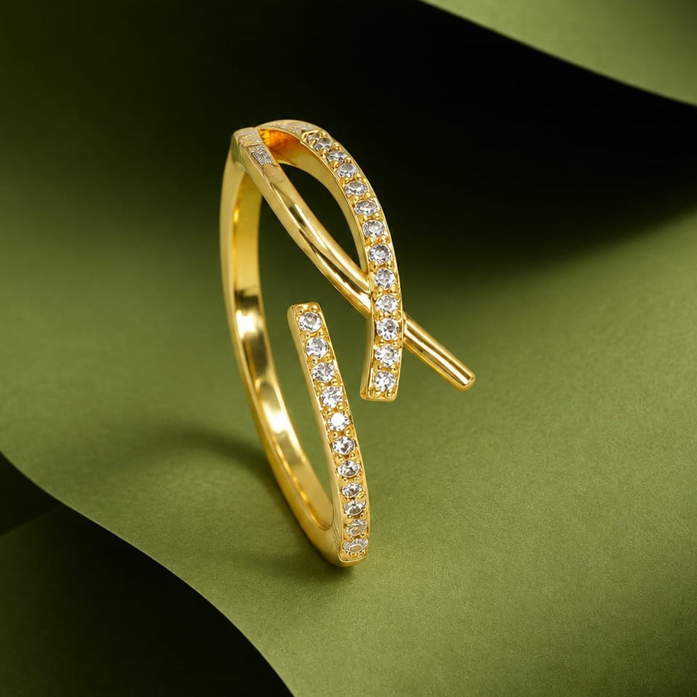 Ribbon Swirl Ring - open gold ribbon ring with stones