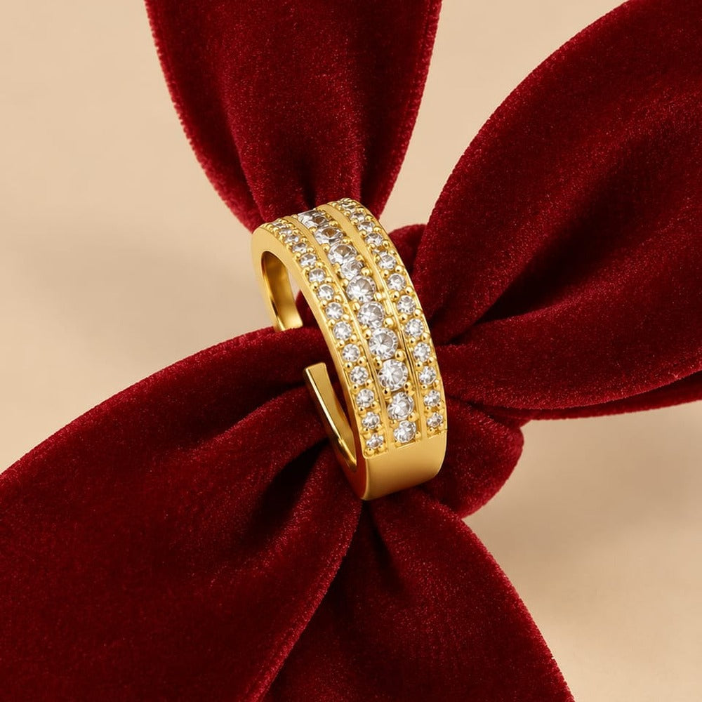 Triple Row Sparkle Ring - wide gold band with three rows of stones