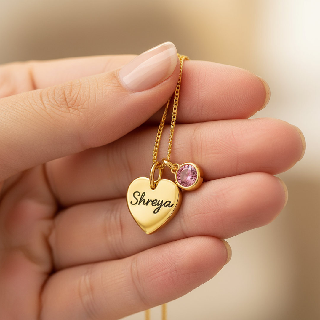 Name Engraved Birthstone Necklace