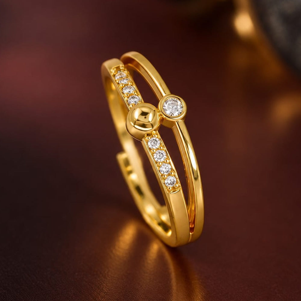 Twin Orbit Ring - double band gold ring with bead and solitaire